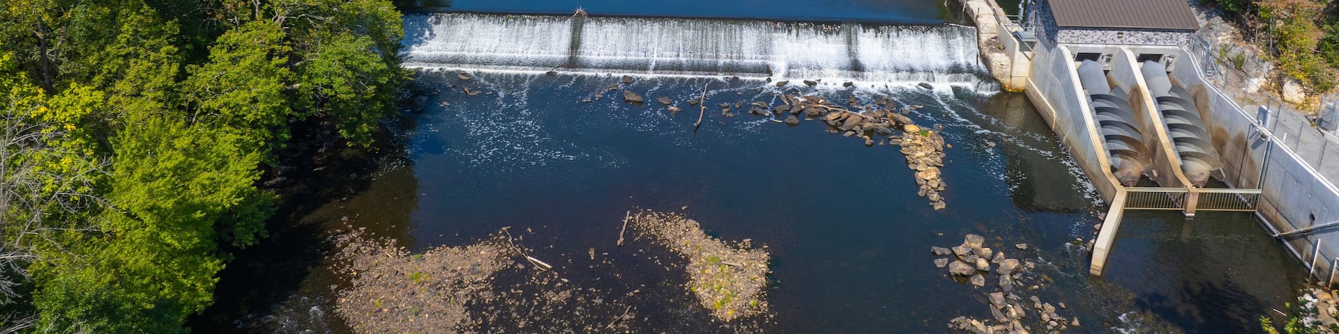 Highland Falls on Blackstone River aerial view in summer near village of Albion, between town of Lincoln and Cumberland, Rhode Island RI, USA.