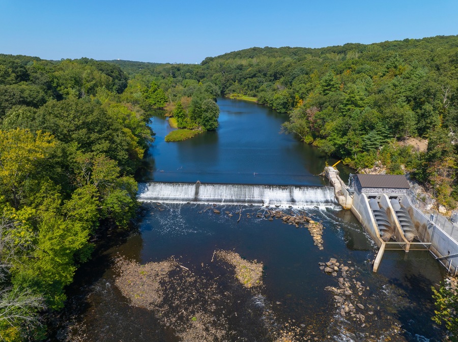 Highland Falls on Blackstone River aerial view in summer near village of Albion, between town of Lincoln and Cumberland, Rhode Island RI, USA.