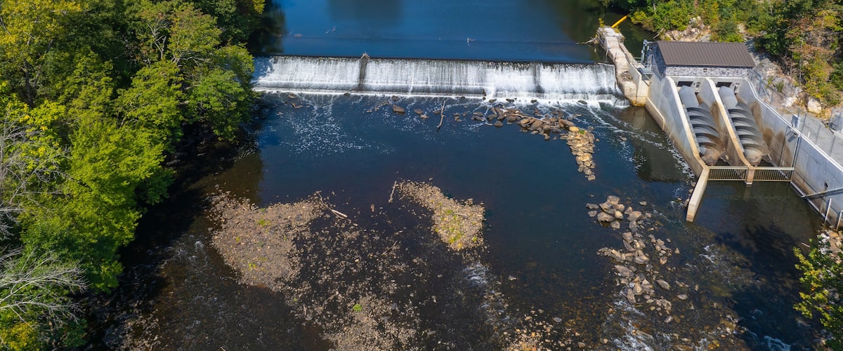 A dam with water flowing over it, surrounded by dense forest and a river.