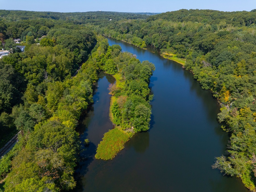 Highland Falls on Blackstone River aerial view in summer near village of Albion, between town of Lincoln and Cumberland, Rhode Island RI, USA.