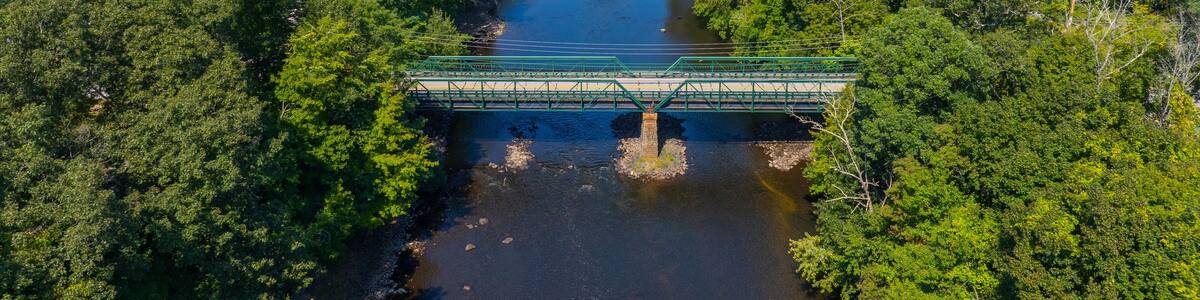 Highland Falls on Blackstone River aerial view in summer near village of Albion, between town of Lincoln and Cumberland, Rhode Island RI, USA.