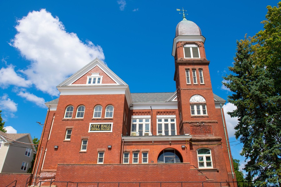 Central Falls city hall building at 580 Broad Street in historic city center of Central Falls, Rhode Island RI, USA.