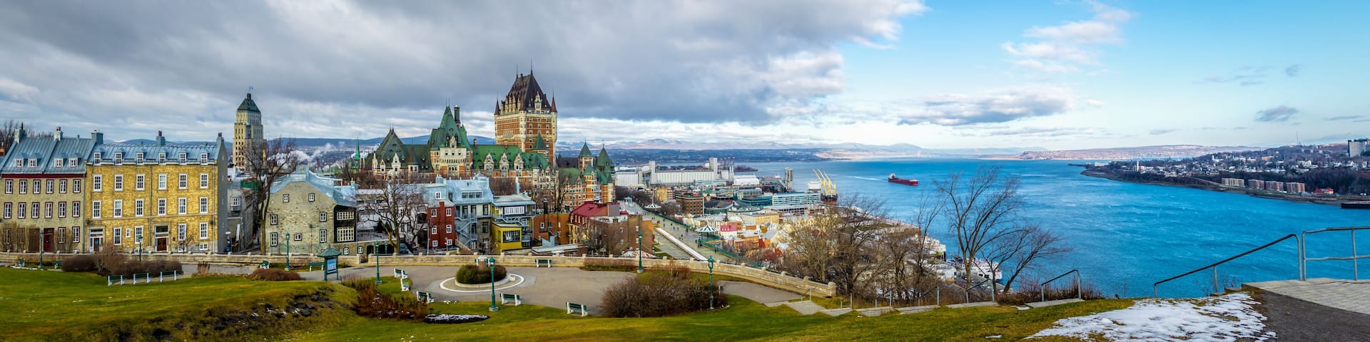 Panoramic view of Quebec City skyline with Chateau Frontenac and Saint Lawrence river - Quebec City, Quebec, Canada