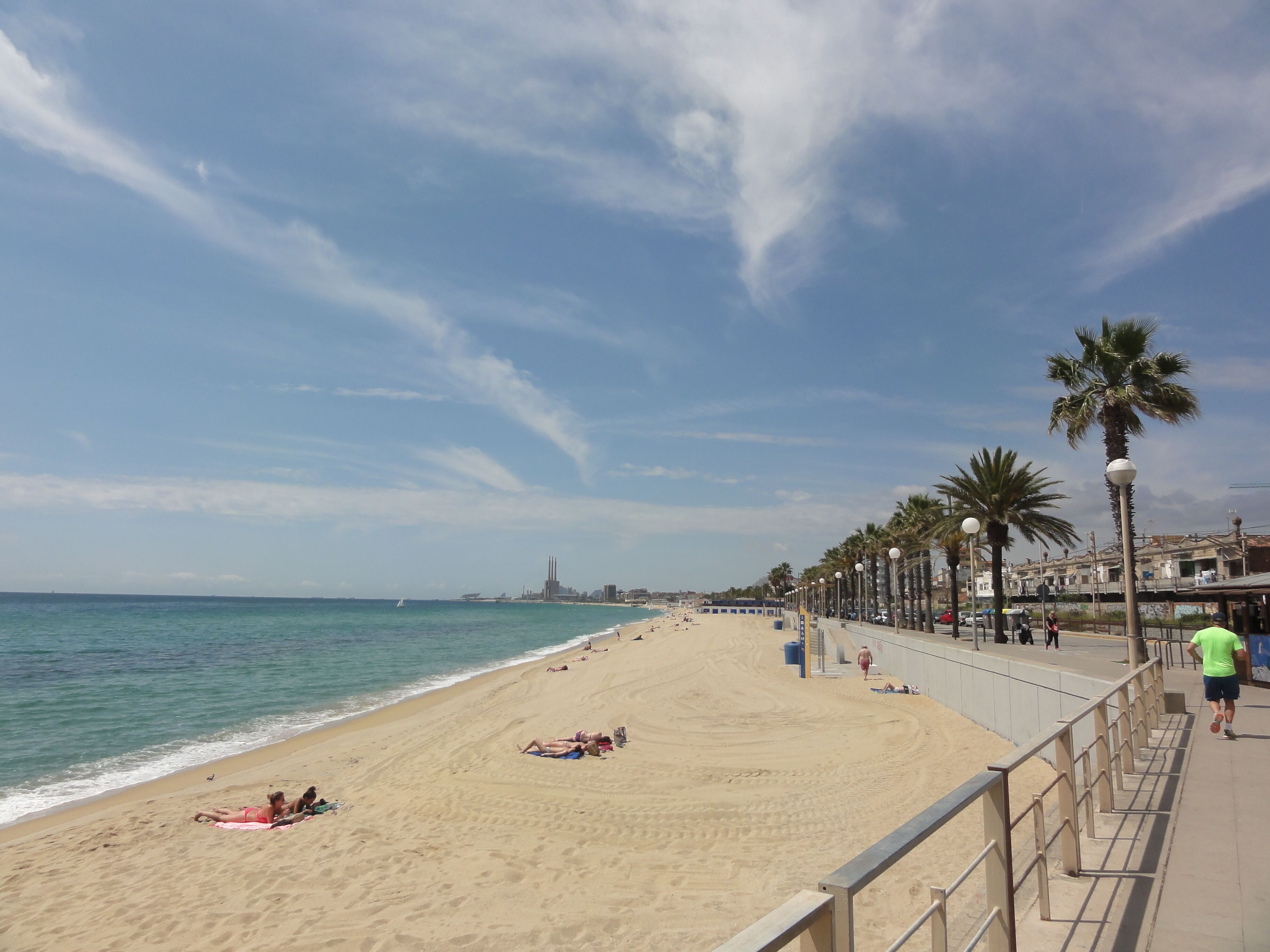A sandy beach with palm trees, a promenade, and a distant city skyline.