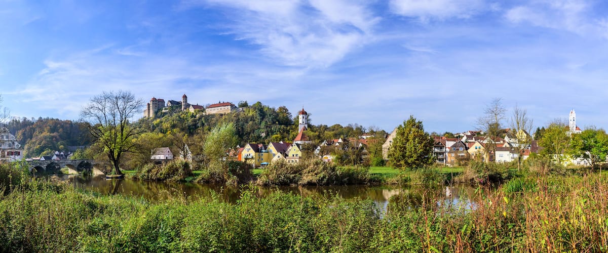A river with a castle on a hill, surrounded by houses and greenery.