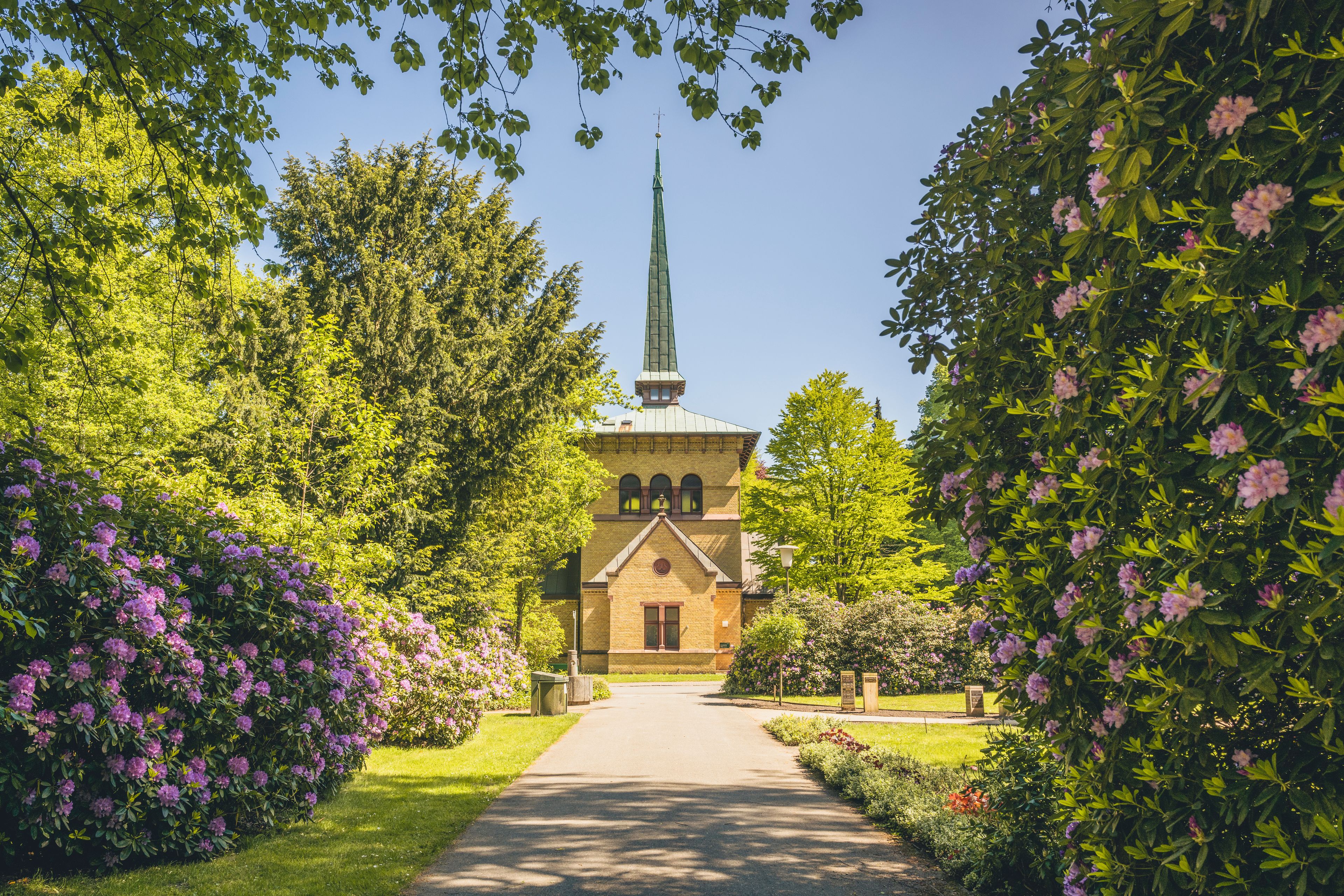 A church with a tall steeple, surrounded by lush greenery and flowering bushes.