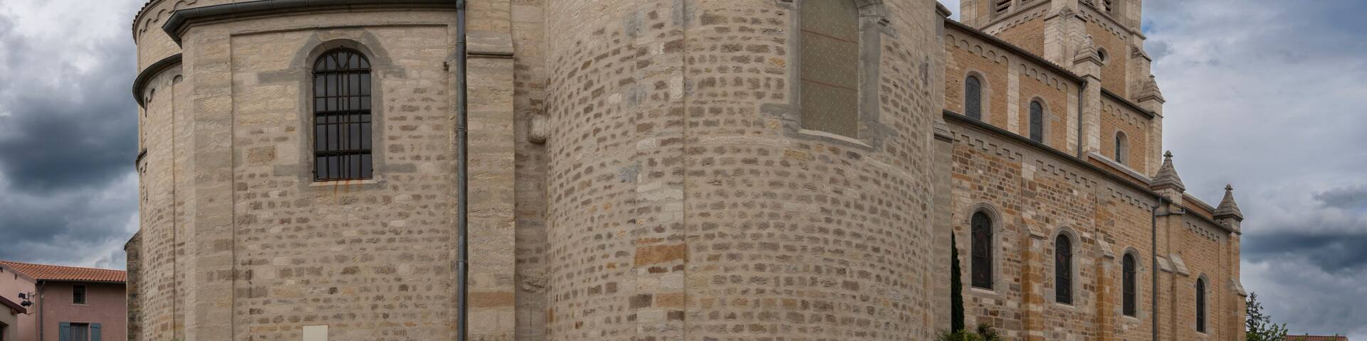 Dardilly, France - 08 06 2023: Panoramic view outside Saint Jean-Marie Vianney Church facade.