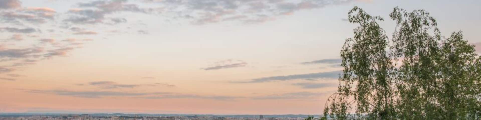 Sunset overlooking the bridges of the Rhone and the conference buildings