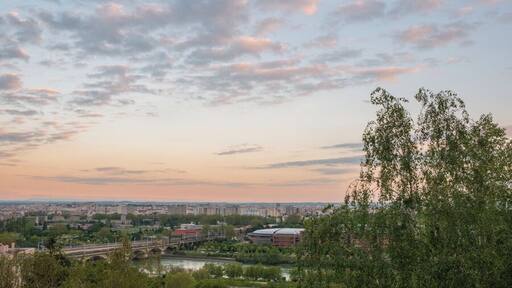Sunset overlooking the bridges of the Rhone and the conference buildings