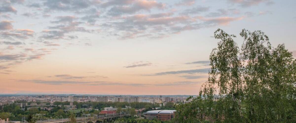 Sunset overlooking the bridges of the Rhone and the conference buildings