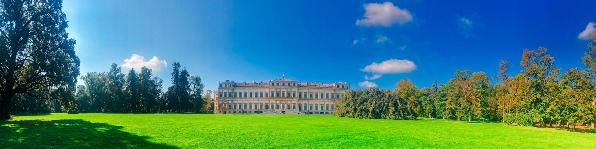 Villa Reale, Monza, Italy. 10/17/2020. Royal Villa of Monza, gardens and park of Monza. Palace, neoclassical building, trees streets and people