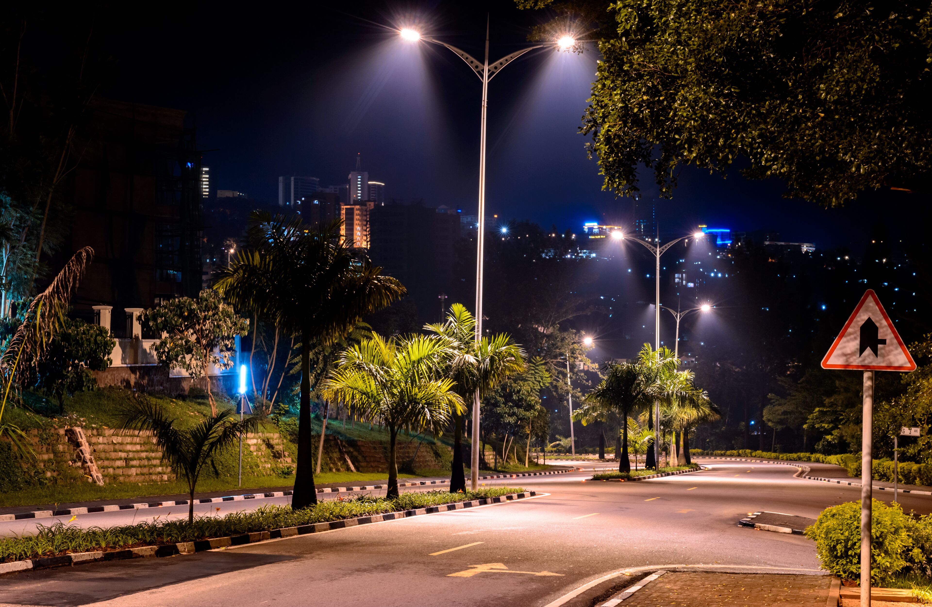 Una calle urbana nocturna con farolas, palmeras y una señal de tráfico.