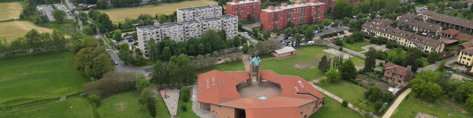 Aerial photo Church of Saint Mary. Parish Church of Santa Maria in Zivido. San Giuliano Milanese, Milan, Lombardy, Italy