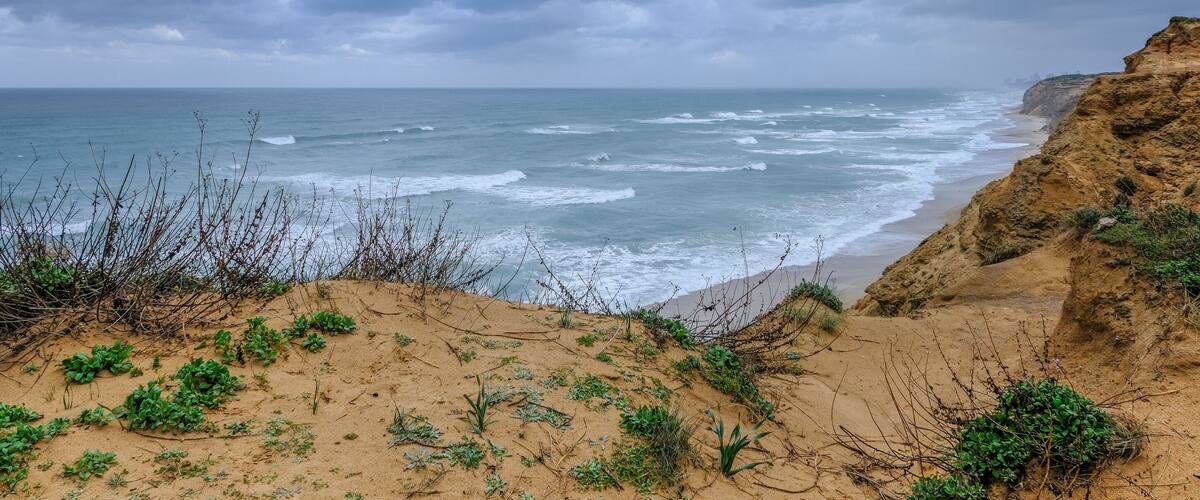 A coastal landscape with sandy dunes, sparse vegetation, and a rugged cliff overlooking the ocean under a cloudy sky.
