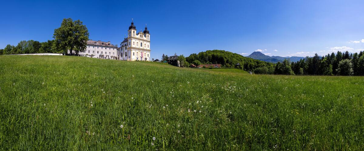 A large castle on a hill with a clear blue sky.