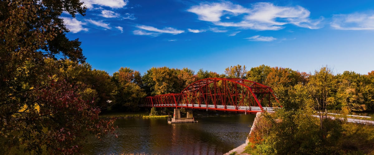 Renovated Bonta Bridge Road Parker through truss bridge - Erie Canal - Autumn Scenery in New York
