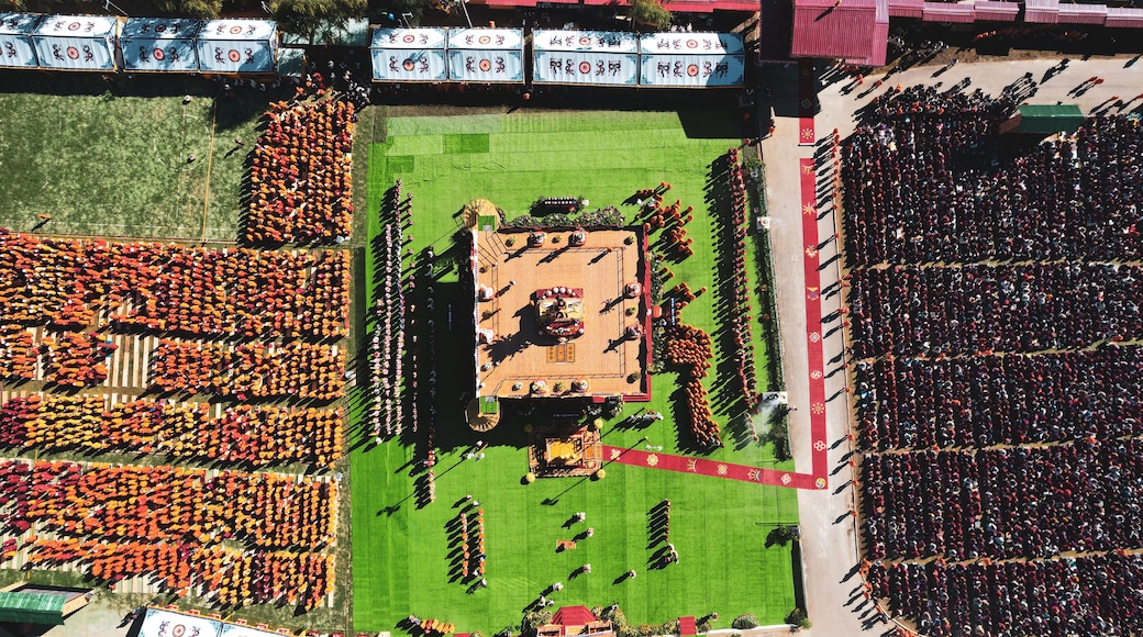 Aerial view of Global Peace Prayer Festival where monks from all over the world came to pray for peace, Thimphu, Thimphu, Bhutan.