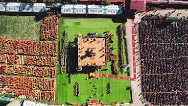 Aerial view of Global Peace Prayer Festival where monks from all over the world came to pray for peace, Thimphu, Thimphu, Bhutan.