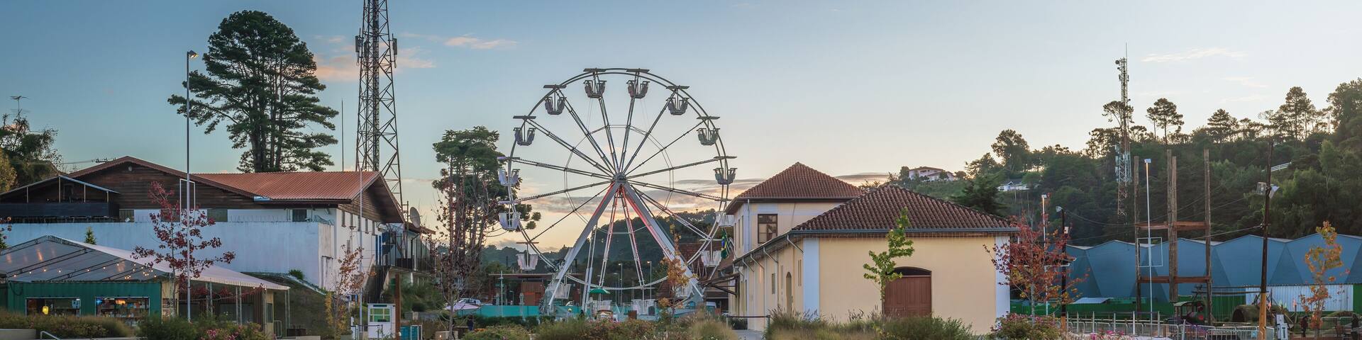 A Ferris wheel, a tall communication tower, and a row of houses with red roofs.
