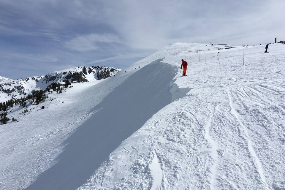 Ein verschneiter Berghang, ein Skifahrer fährt hinab.
