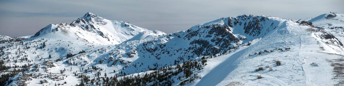 Remote mountain top, hiking to the bowls in the distance, Kirkwood resort, California, USA January 4, 2020