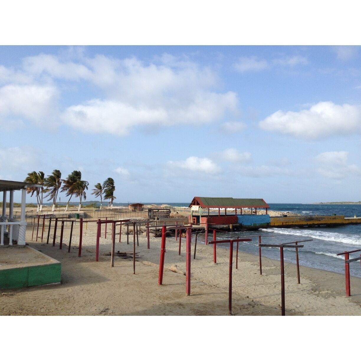 A beach with palm trees, a small structure, and a pier extending into the water.