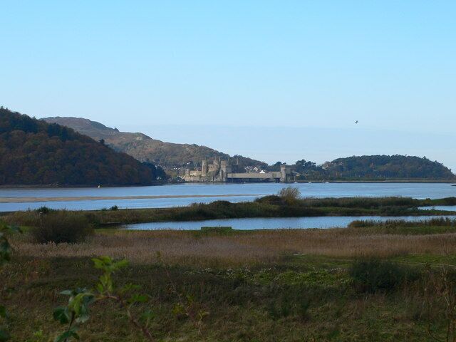 Paisaje costero con un castillo en una colina, una masa de agua y una zona llana y cubierta de hierba en primer plano.