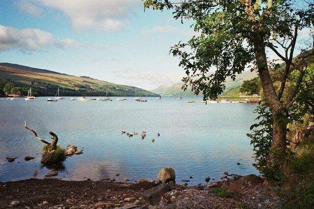 A calm lake with boats, a tree, and hills in the background.