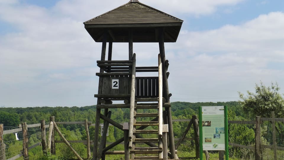 A wooden observation tower with a roof, labeled '2', surrounded by a fence and greenery.