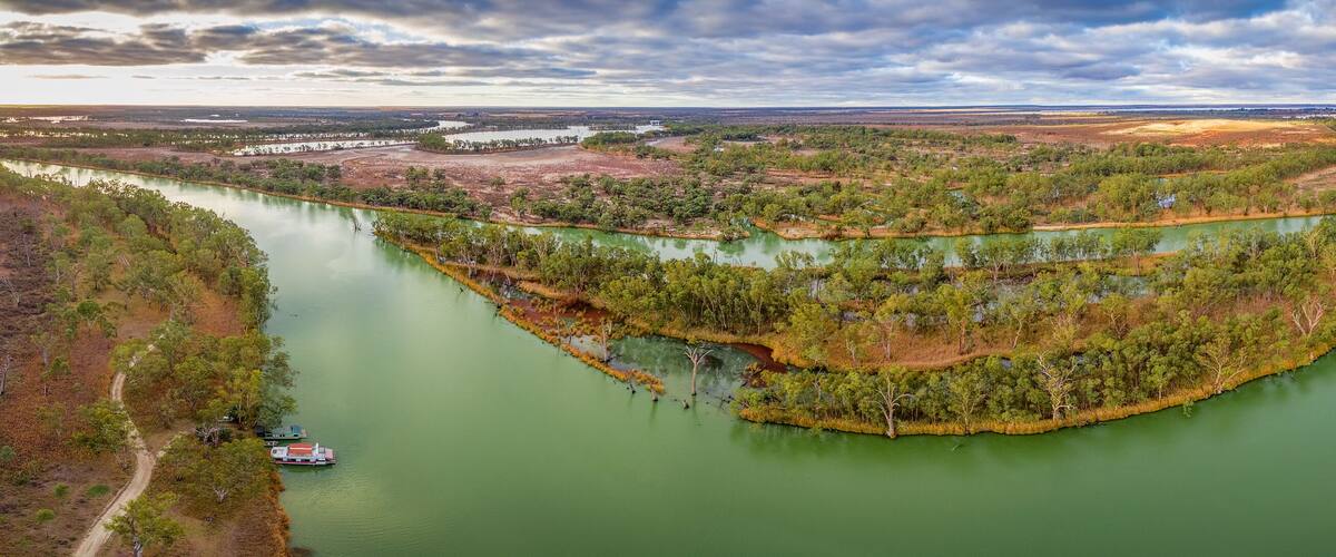 Wide aerial panorama of the famous Murray River in South Australia