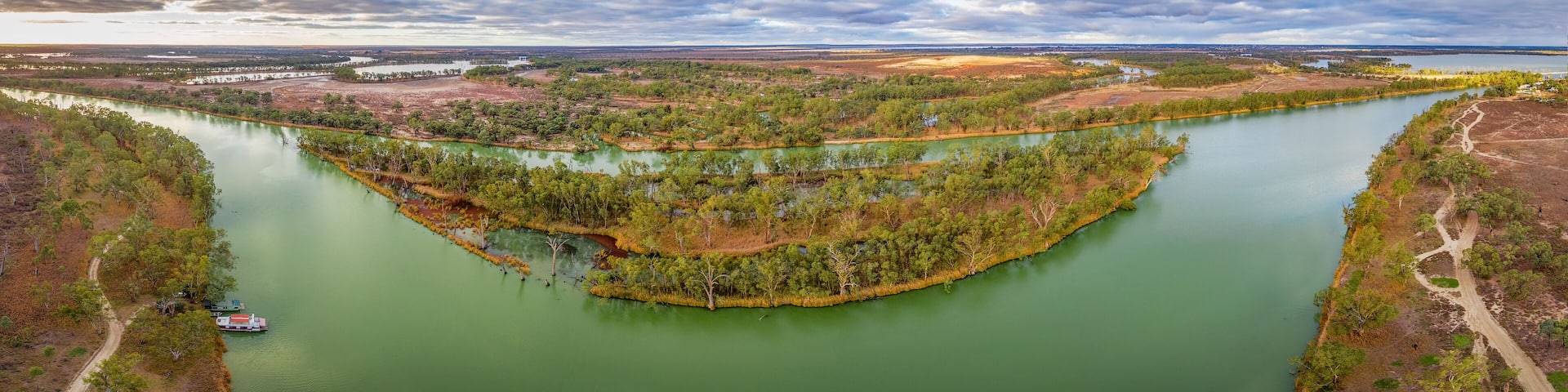 Wide aerial panorama of the famous Murray River in South Australia