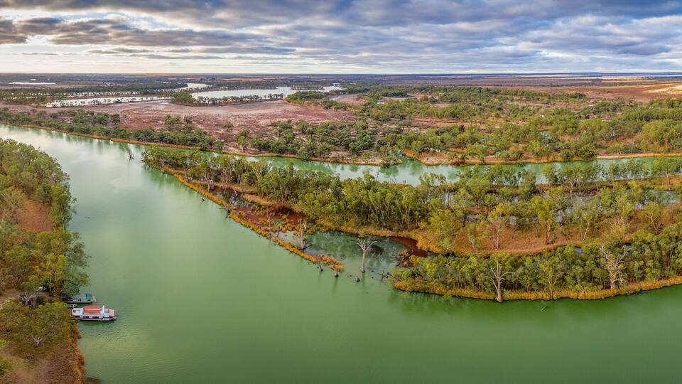 Wide aerial panorama of the famous Murray River in South Australia