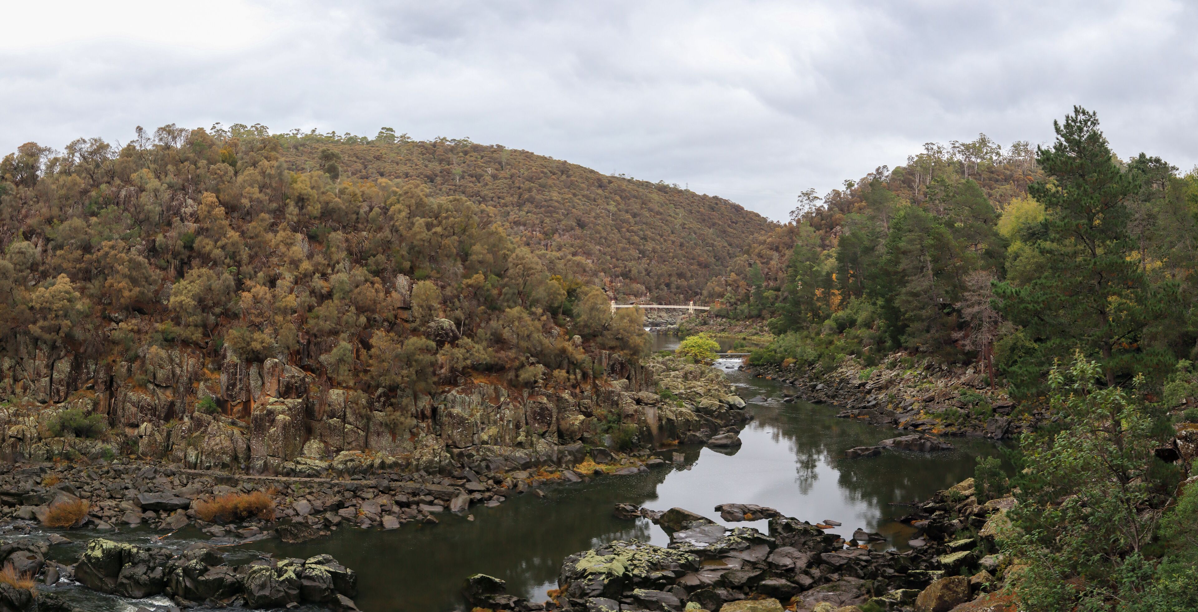 panoramic view of cliffs and native tree park area at Cataract gorge national park, Launceston, Tasmania, Australia