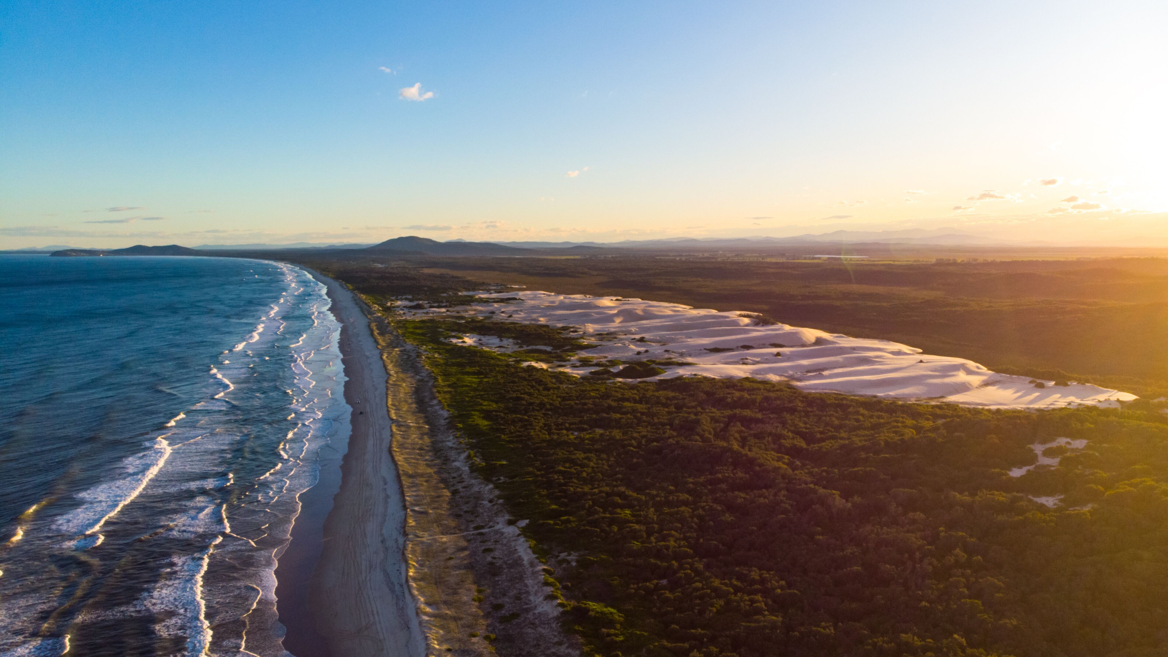 A coastal landscape with a beach, dunes, and a forested area.