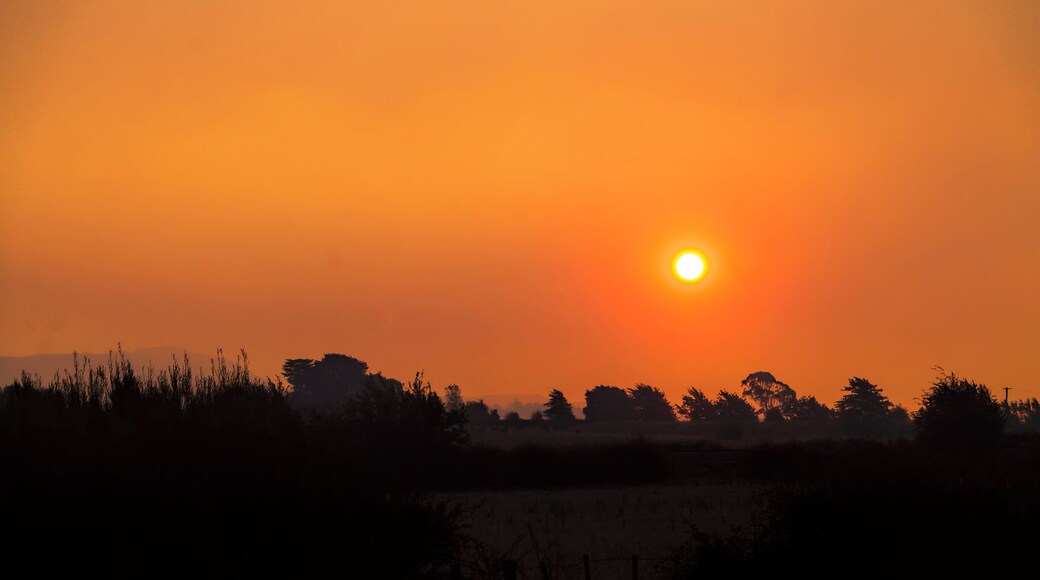 Heading home after camping, sun setting over the great western tiers smoke filled sky from the many bushfires currently burning around Tasmania, shot captured from the highway near deloraine Tasmania.