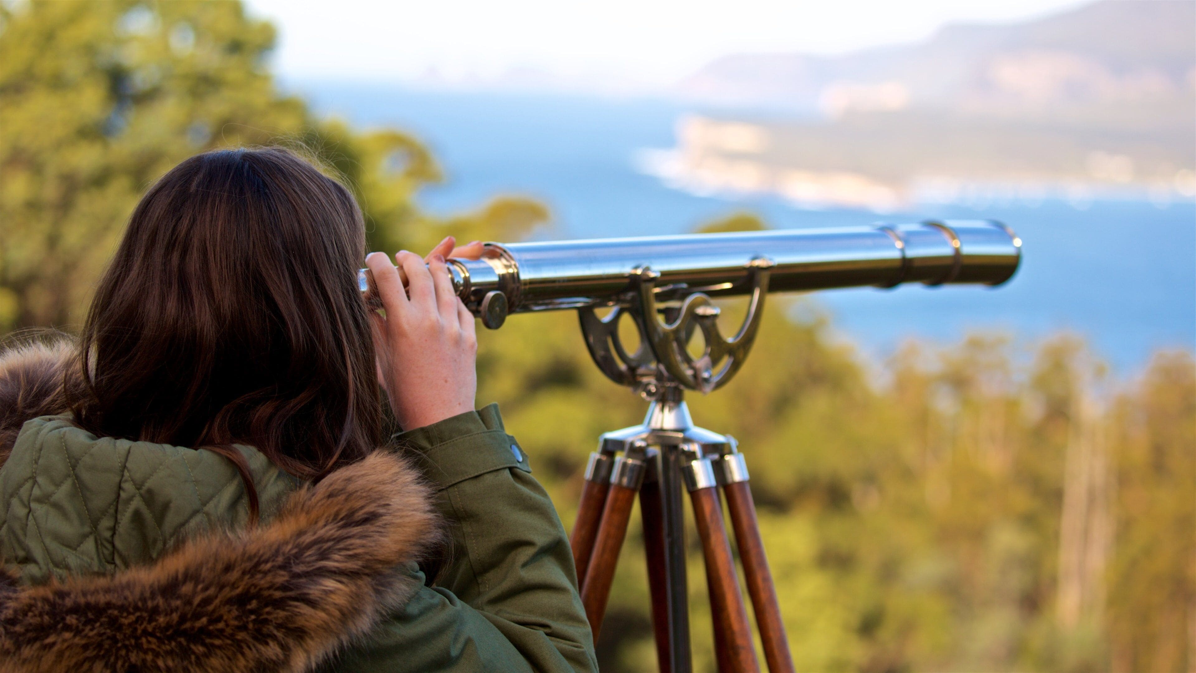 A person using a telescope to observe a landscape with trees and a body of water.