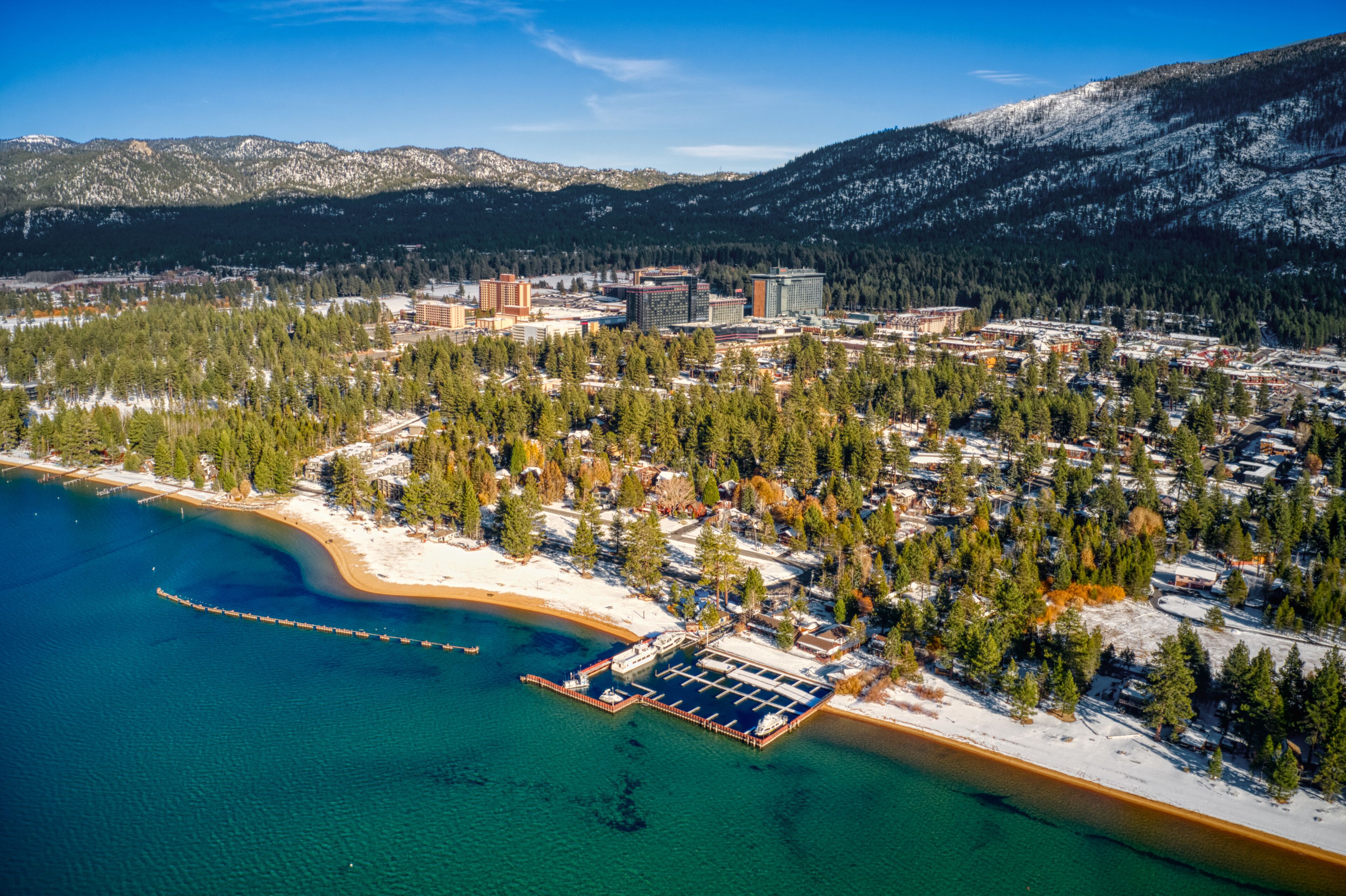 Aerial View of South Lake Tahoe which is on the California Nevada Stateline