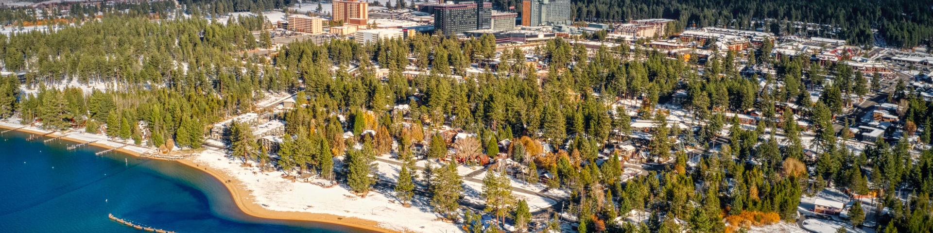 Aerial View of South Lake Tahoe which is on the California Nevada Stateline