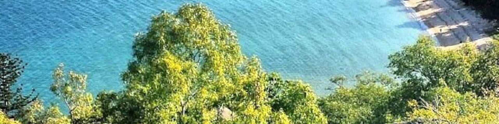Paisagem costeira com um cais que se estende para o mar, rodeada por vegetação exuberante e uma praia arenosa.