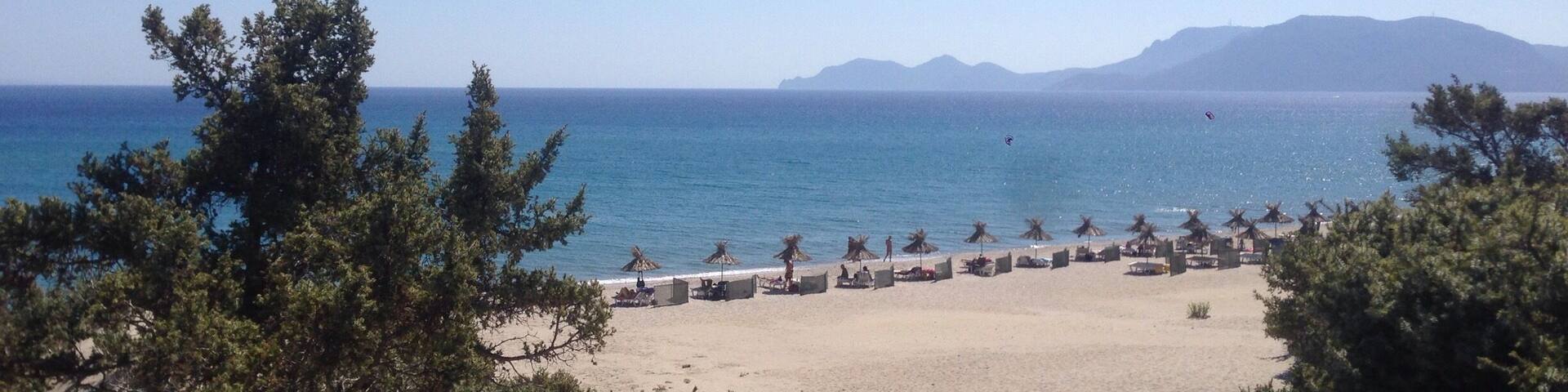 Exotic beach , paradise for nudists . Cedar trees , sand dunes , crystal clear water . Kos , Greece