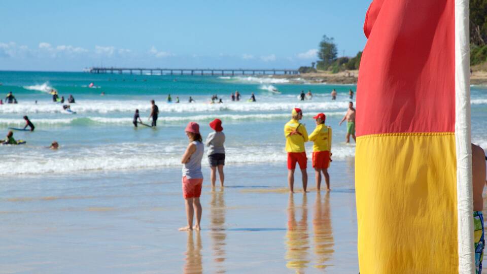 A beach with people swimming and surfing, a pier in the background, and a lifeguard tower.