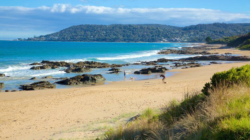A beach with rocky shoreline, clear blue water, and a forested hill in the background.