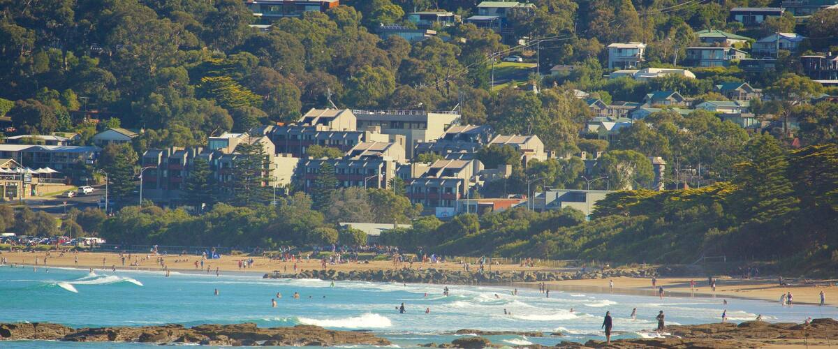 Lorne which includes a sandy beach and rugged coastline