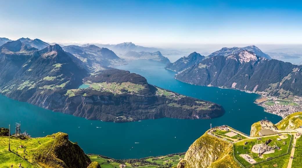 Fantastic view to Lake Lucerne with Rigi and Pilatus mountains, Brunnen town from Fronalpstock, Switzerland, Europe