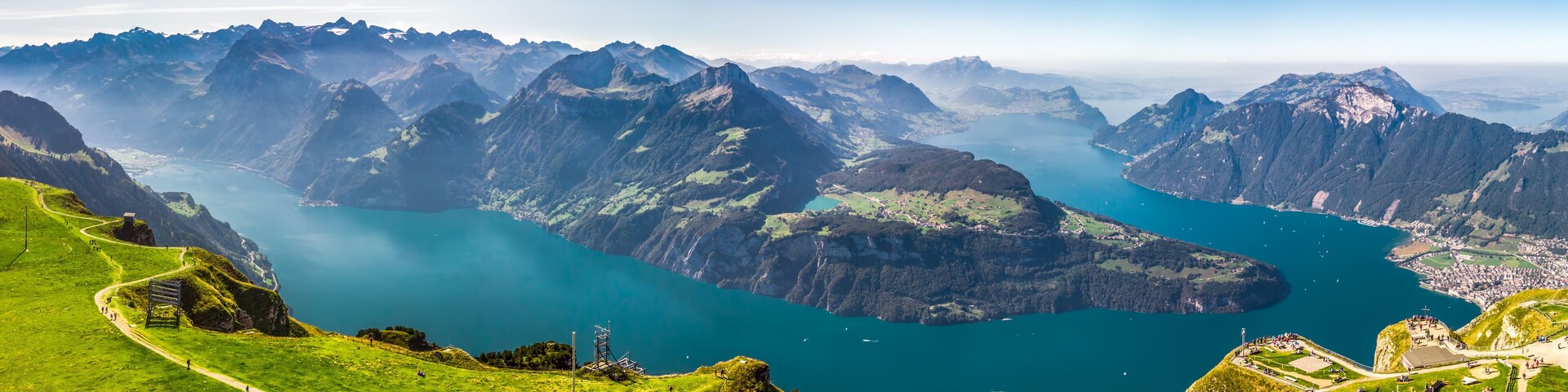 Fantastic view to Lake Lucerne with Rigi and Pilatus mountains, Brunnen town from Fronalpstock, Switzerland, Europe