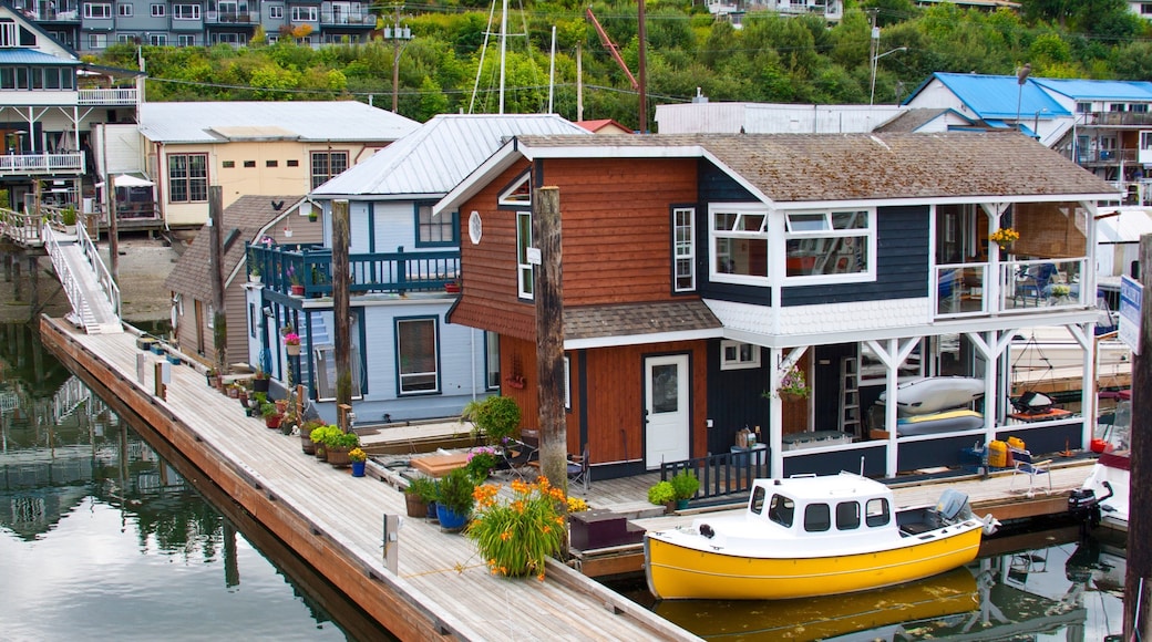 Cowichan Bay ofreciendo vistas generales de la costa, paseos en lancha y una ciudad costera