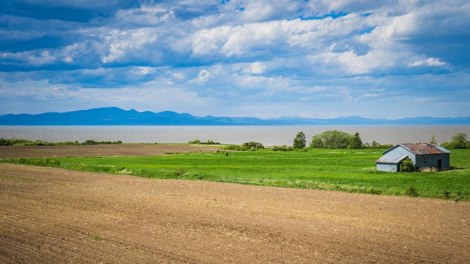 A rural landscape with a small house, green fields, and mountains in the distance.