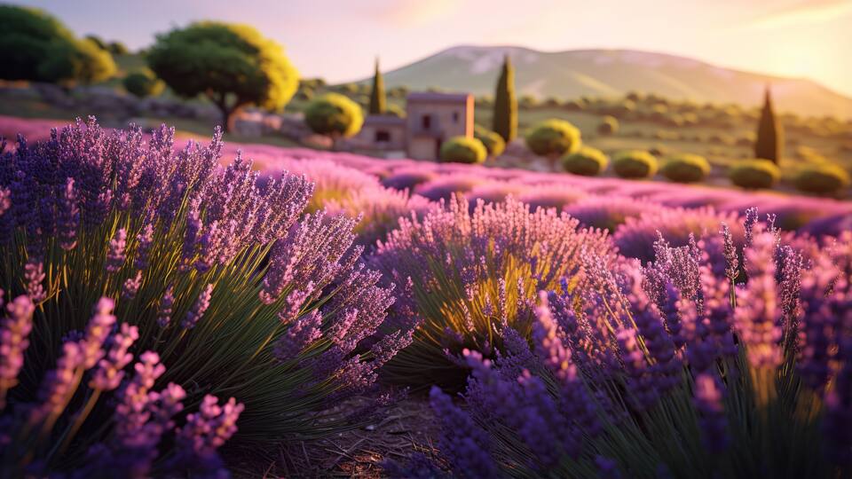 A lavender field with rolling hills and scattered trees in the background.
