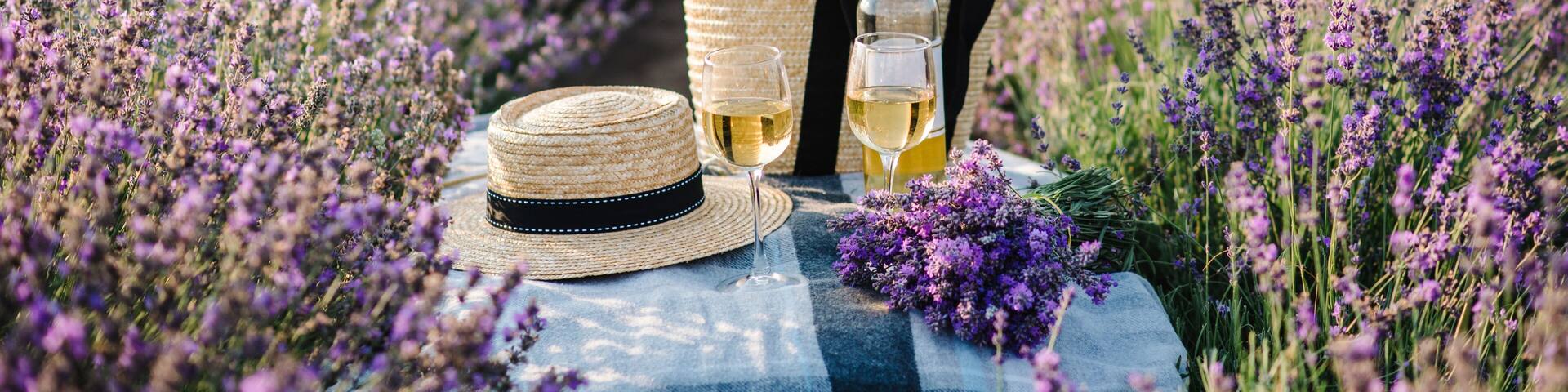 Two glasses with white wine and bottle on background of a lavender field. Straw hat and basket with flowers lavender on a blanket on picnic. Romantic evening in sunset rays. Summer in Provence, France