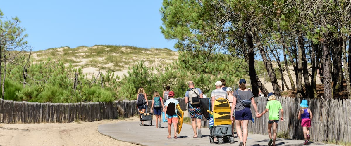 A sandy beach with a wooden fence, a clear blue sky, and a group of people walking along a boardwalk.
